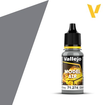 Vallejo Model Air: Agressor Gray (18m) - Small gray paint bottle with black cap labeled Vallejo Model Air Agressor Gray 71.274, yellow accents on label and cap.