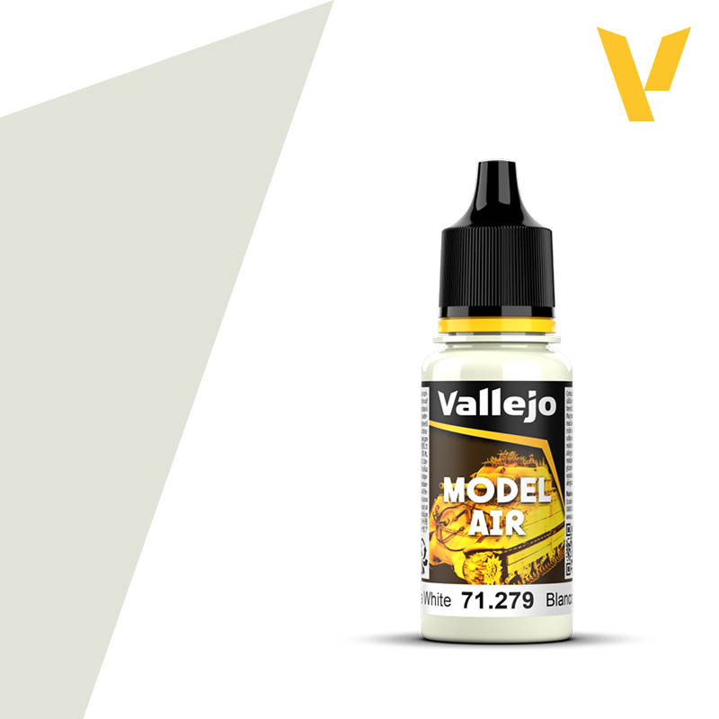 Vallejo Model Air: Insignia White (18m) - Clear plastic bottle of white Vallejo Model Air paint with black nozzle cap and yellow-accented label.