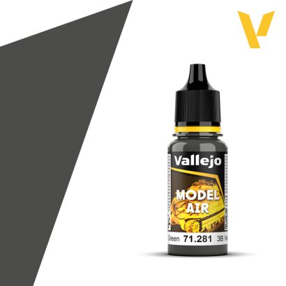 Vallejo Model Air: 3B Russian Green (18m) - Small clear plastic paint bottle with black dropper cap, labeled Vallejo Model Air in dark green and yellow tones.