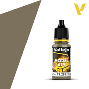 Vallejo Model Air: 7K Russian Tan (18m) - 17ml bottle of Vallejo Model Air paint in muted brown Russian Tan with black cap and yellow label accents.