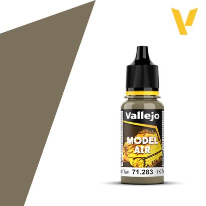 Vallejo Model Air: 7K Russian Tan (18m) - 17ml bottle of Vallejo Model Air paint in muted brown Russian Tan with black cap and yellow label accents.