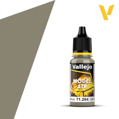 Vallejo Model Air: UK Light Mud (18m) - Small plastic bottle of Vallejo Model Air paint in UK Light Mud, muted earthy brown color with black cap and yellow label.