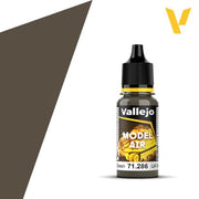 Vallejo Model Air: IJA Olive Green (18m) - Small cylindrical bottle of Vallejo Model Air paint in IJA Olive Green, with black nozzle cap and yellow label accents.