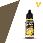 Vallejo Model Air: IJA Khaki Brown (18m) - Small plastic bottle of Vallejo Model Air paint in khaki brown with black twist cap and yellow label accents.
