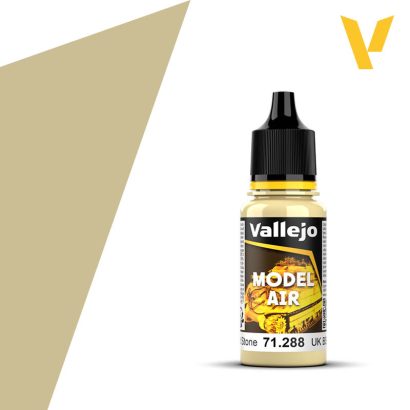 Vallejo Model Air: UK Bsc 64 Portland Stone (18m) - Small bottle of Vallejo Model Air acrylic paint in beige Portland Stone color with black dropper cap and label.