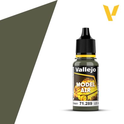 Vallejo Model Air: US Dark Green (18m) - Small plastic bottle of Vallejo Model Air paint in US Dark Green with black twist cap and yellow accent label.