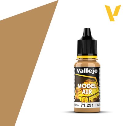 Vallejo Model Air: US Earth Yellow (18m) - Small clear plastic bottle of Vallejo Model Air paint in US Earth Yellow with black flip-top cap and colorful label.