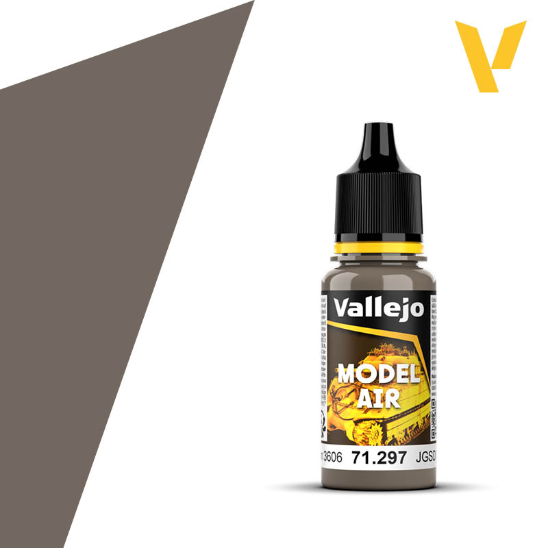 Vallejo Model Air: JGSD Brown 3606 (18m) - Small plastic dropper bottle of Vallejo Model Air paint in JGSD Brown, with black cap and yellow label accents.