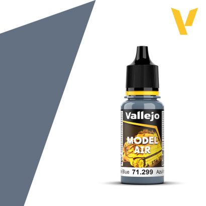 Vallejo Model Air: Intermediate Blue (18m) - Small plastic bottle of Vallejo Model Air paint in intermediate blue with black cap and yellow label accents.