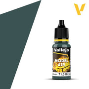 Vallejo Model Air: IJN Deep Dark Green (18m) - Small bottle of Vallejo Model Air paint in dark green with black cap and yellow label accents.