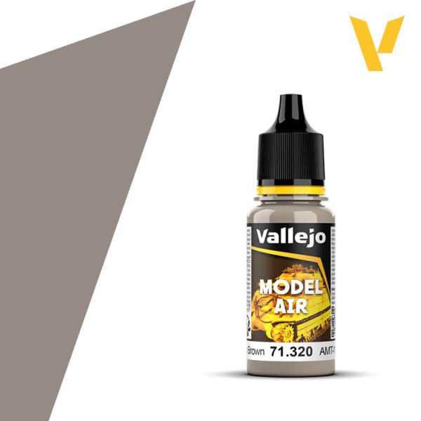 Vallejo Model Air: AMT-1 Light Grey Brown - Small clear plastic bottle with black dropper cap containing grey-brown acrylic model paint labeled Vallejo Model Air 71.
