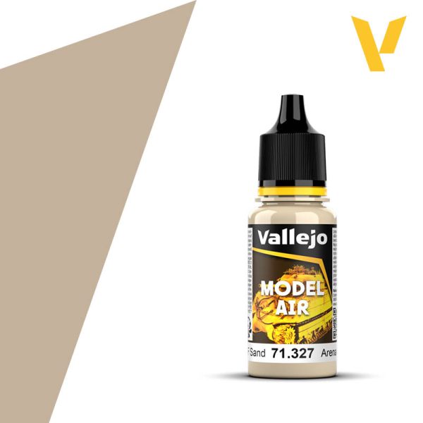 Vallejo Model Air: IAF Sand (18ml) - Small clear plastic bottle of Vallejo Model Air paint in sandy tan color with black cap and color label.