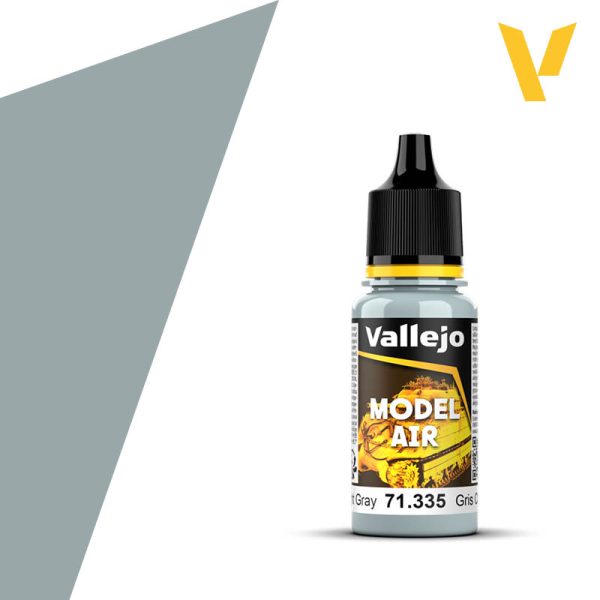 Vallejo Model Air: Flanker Light Grey (18ml) - 18ml clear plastic bottle of Vallejo Model Air Flanker Light Grey acrylic paint with black cap and yellow label accents.