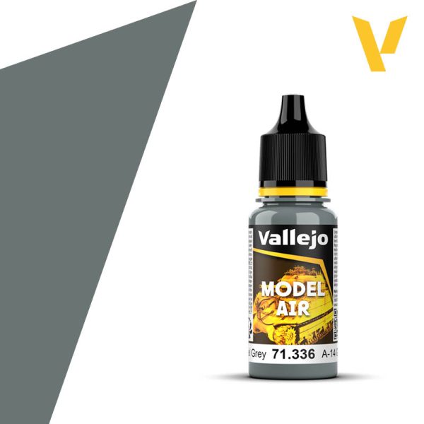Vallejo Model Air: A-14 Steel Grey (18ml) - Small plastic bottle of Vallejo Model Air paint in steel grey with black and yellow label and dropper cap.