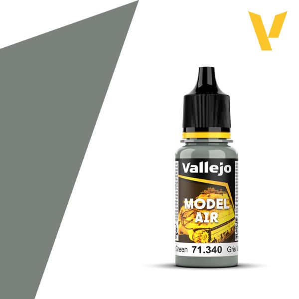 Vallejo Model Air: Grey Green (18ml) - Small clear plastic bottle of Vallejo Model Air paint in grey-green with black nozzle cap and yellow label details.