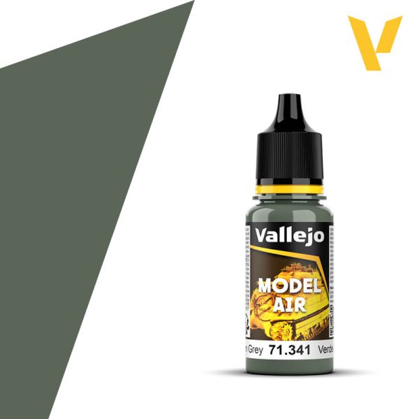 Vallejo Model Air: Green Grey (18ml) - 18ml bottle of Vallejo Model Air paint in muted green-grey with black dropper cap.