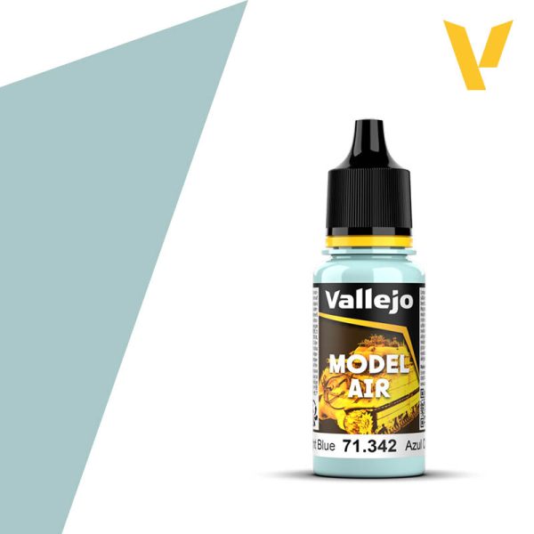 Vallejo Model Air: Russian AF Light Blue (18ml) - Small clear plastic bottle of light blue Vallejo Model Air paint with black twist cap and detailed label design.
