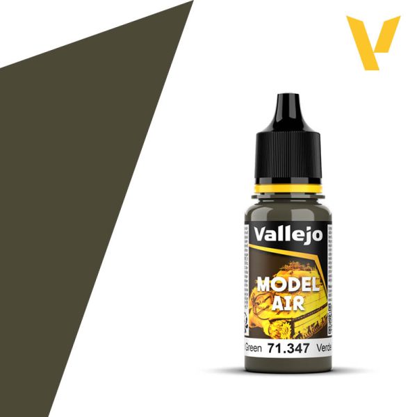 Vallejo Model Air: Russian AF Dark Green (18ml) - 18ml bottle of Vallejo Model Air acrylic paint in Russian AF Dark Green with black cap and yellow label accents.
