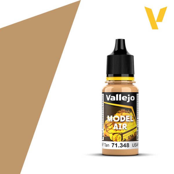 Vallejo Model Air: USAF Tan (18ml) - 18ml Vallejo Model Air USAF Tan acrylic paint bottle with black dropper cap and yellow label design.