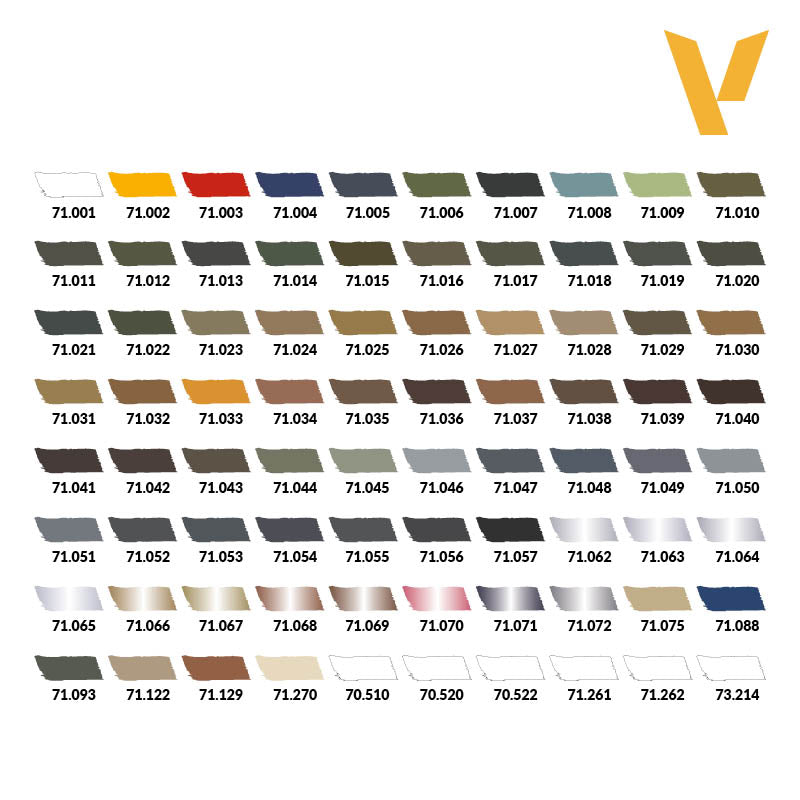 Vallejo Model Air: Color Selection Case (PREORDER) - Rectangular color swatch chart displaying 64 labeled paint colors in neat rows, featuring diverse shades from yellows and.