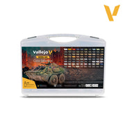 Vallejo Model Air: Color Selection Case (PREORDER) - Transparent plastic case with a handle, showcasing a military green armored vehicle and a grid of colorful paint swatches on