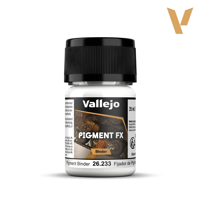 Vallejo Pigment FX: Pigment Binder (35ml) - Small transparent plastic bottle with black screw cap, filled with clear liquid labeled Vallejo Pigment FX Pigment Binder.