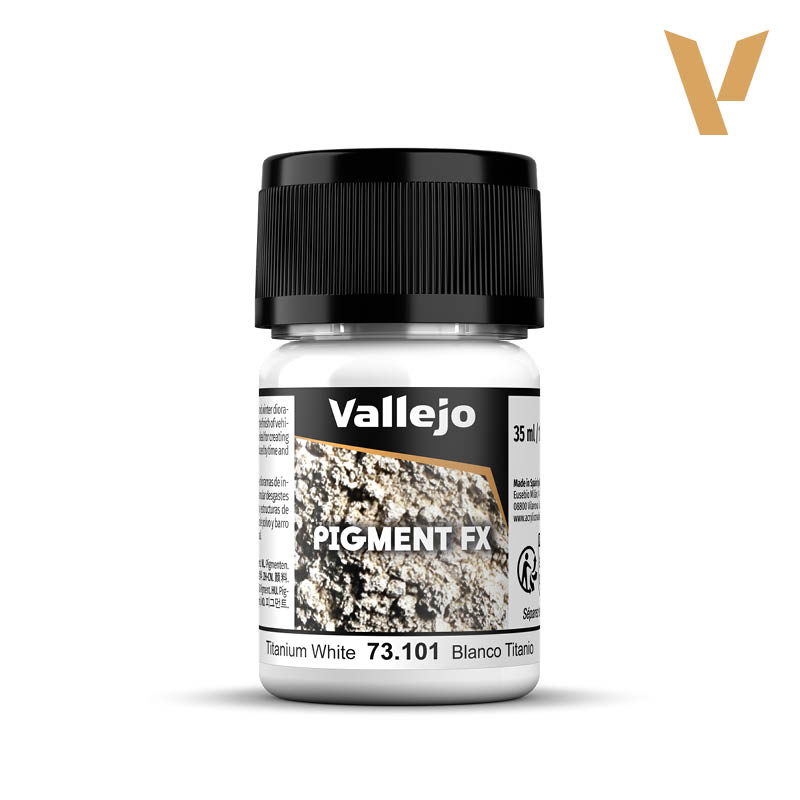 Vallejo Pigment FX: Titanium White (35ml) - Small clear plastic jar with black screw lid, labeled Vallejo Pigment FX Titanium White powder paint.
