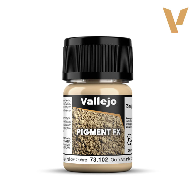 Vallejo Pigment FX: Light Yellow Ochre (35ml) - Small plastic jar of Vallejo Pigment FX paint in light yellow ochre with black screw top lid and textured label.
