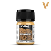 Vallejo Pigment FX: Dark Yellow Ocre (35ml) - Small transparent plastic jar with black screw cap, filled with dark yellow ochre pigment powder, labeled Vallejo Pigment FX.