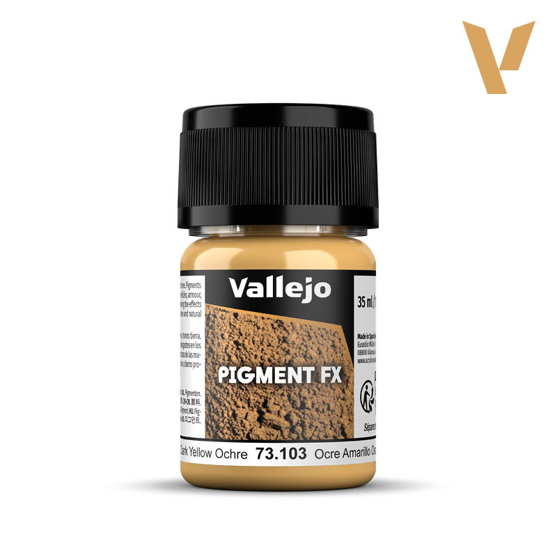 Vallejo Pigment FX: Dark Yellow Ocre (35ml) - Small transparent plastic jar with black screw cap, filled with dark yellow ochre pigment powder, labeled Vallejo Pigment FX.