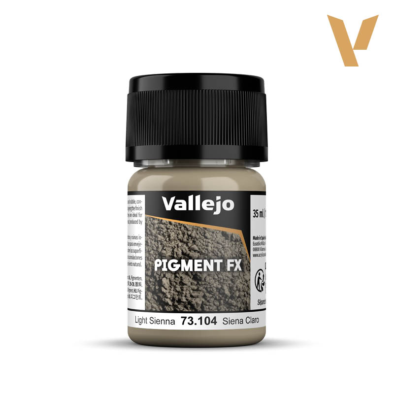Vallejo Pigment FX: Light Sienna (35ml) - Small clear plastic bottle with black screw cap, labeled Vallejo Pigment FX Light Sienna paint, showing brown pigment powder