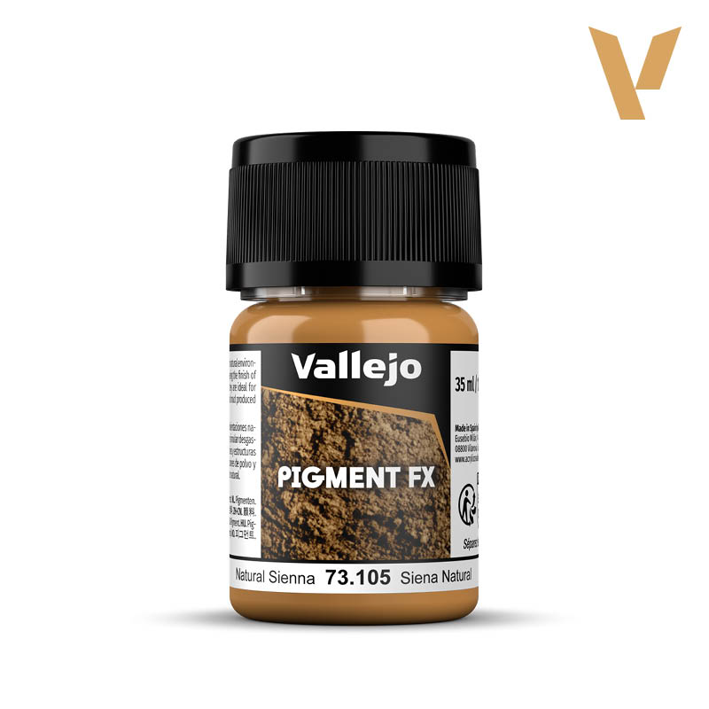 Vallejo Pigment FX: Natural Sienna (35ml) - Small transparent jar of Vallejo Pigment FX natural sienna powder with black screw cap and white label.