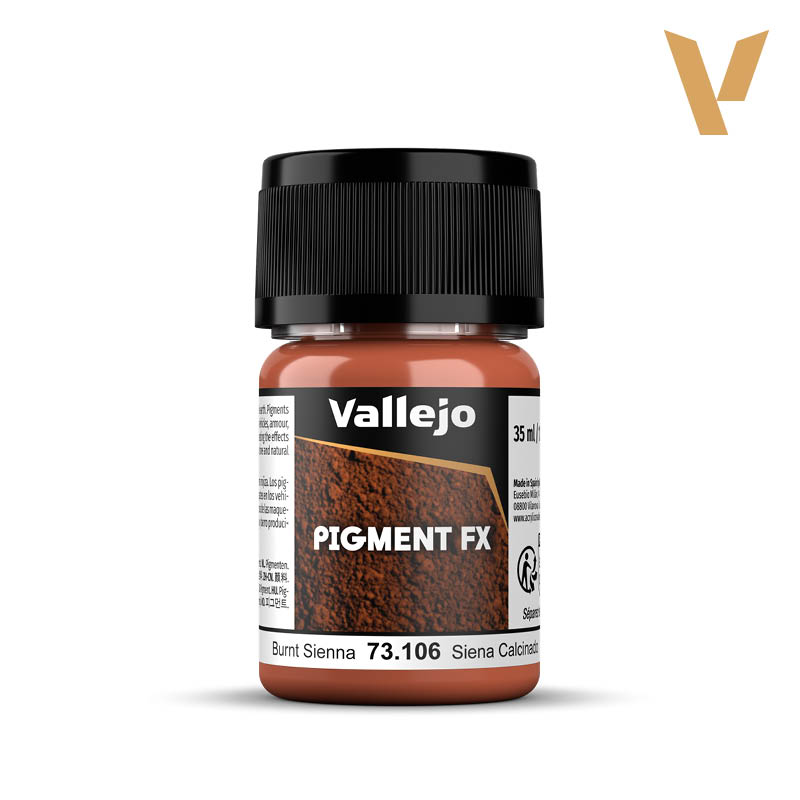 Vallejo Pigment FX: Burnt Sienna (35ml) - Small round plastic bottle of Vallejo Pigment FX paint in burnt sienna with black screw-on lid and white label.