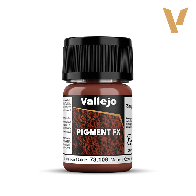 Vallejo Pigment FX: Brown Iron Oxide (35ml) - Small plastic jar of Vallejo Pigment FX in brown iron oxide with black screw cap and textured brown label.