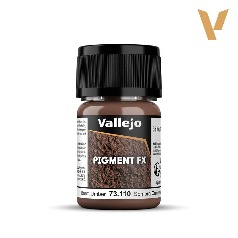 Vallejo Pigment FX: Burnt Umber (35ml) - Small plastic bottle of Vallejo Pigment FX paint in burnt umber brown with black screw cap and detailed label.