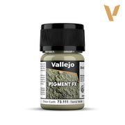 Vallejo Pigment FX: Green Earth (35ml) - Small opaque plastic jar with black screw cap, labeled Vallejo Pigment FX Green Earth pigment powder, 35ml container.