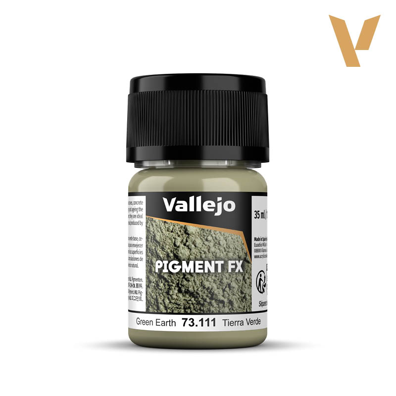 Vallejo Pigment FX: Green Earth (35ml) - Small opaque plastic jar with black screw cap, labeled Vallejo Pigment FX Green Earth pigment powder, 35ml container.