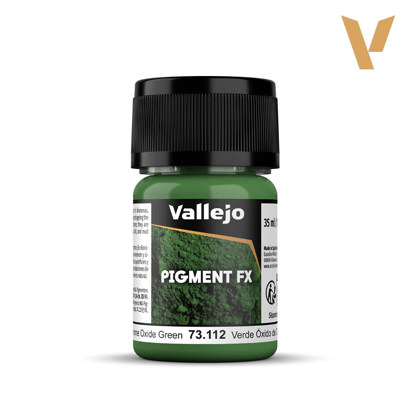 Vallejo Pigment FX: Chrome Oxide Green (35ml) - Small clear glass jar with bright green pigment paint labeled Vallejo Pigment FX Chrome Oxide Green 35ml, black screw cap.