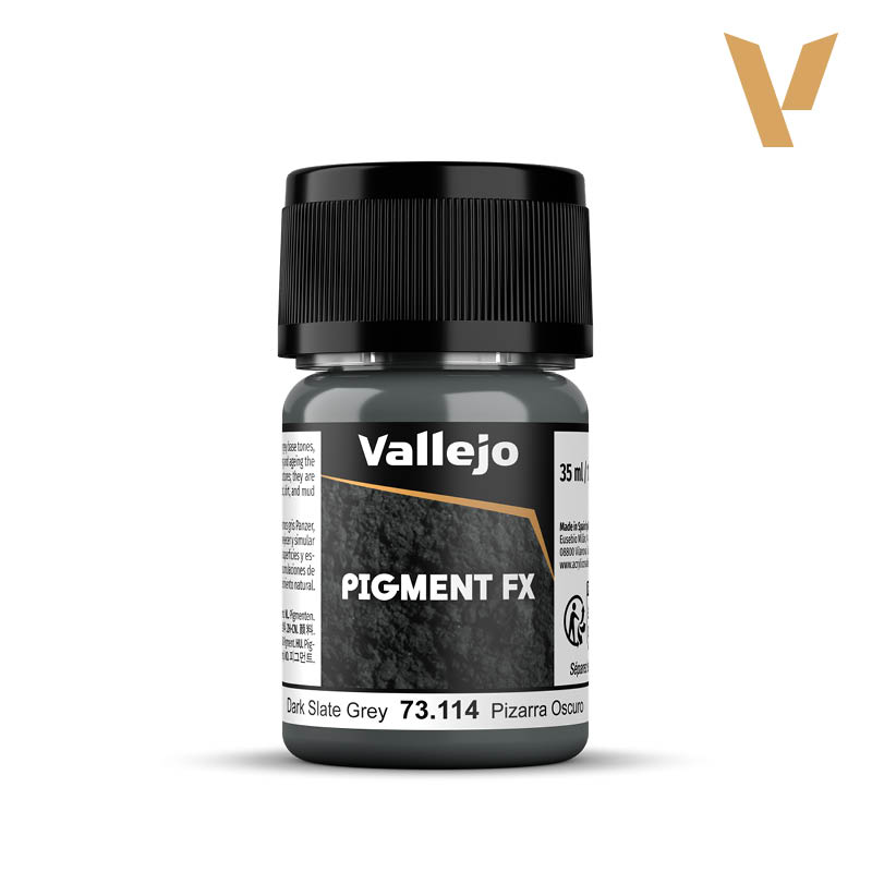 Vallejo Pigment FX: Dark Slate Grey (35ml) - Small clear plastic jar with black screw lid containing dark slate grey pigment powder, labeled Vallejo Pigment FX, 35ml.