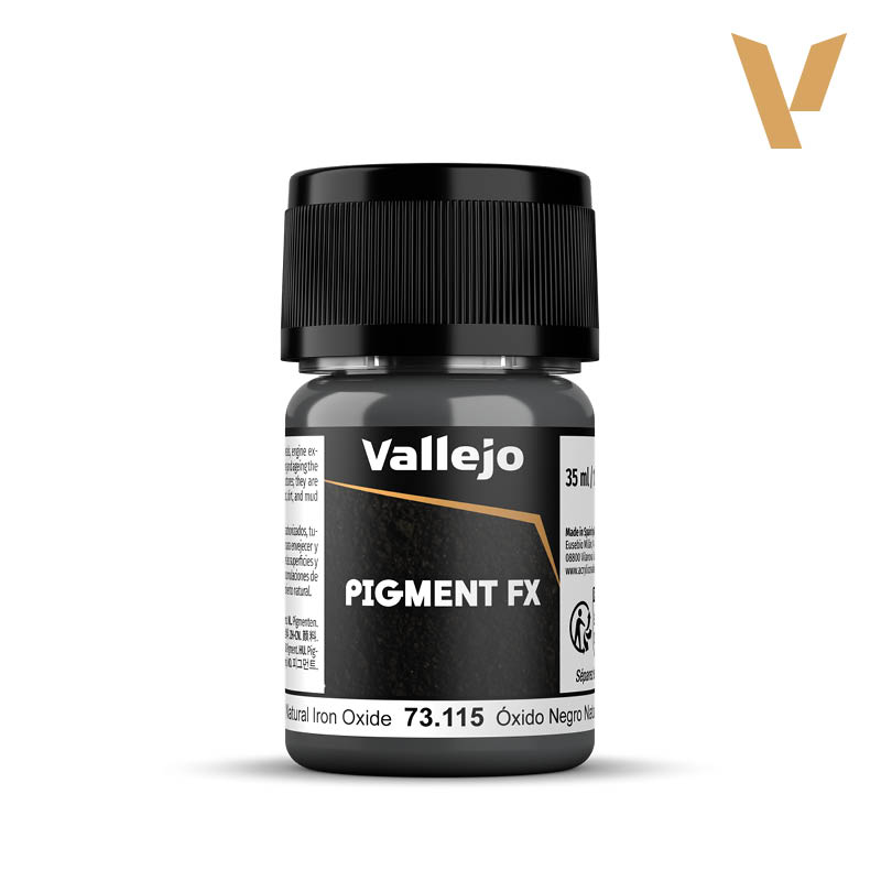 Vallejo Pigment FX: Natural Iron Oxide (35ml) - 35ml black plastic bottle of Vallejo Pigment FX Natural Iron Oxide paint with black screw cap and white label.