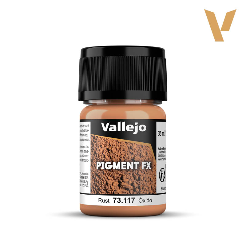 Vallejo Pigment FX: Rust (35ml) - Small plastic jar of Vallejo Pigment FX paint in rust color with black screw cap and textured label showing rust effect.