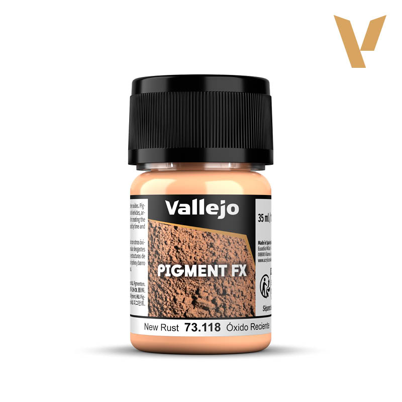 Vallejo Pigment FX: New Rust (35ml) - Small clear glass jar with beige rust pigment inside, black ribbed screw cap, white label featuring rust texture and black.