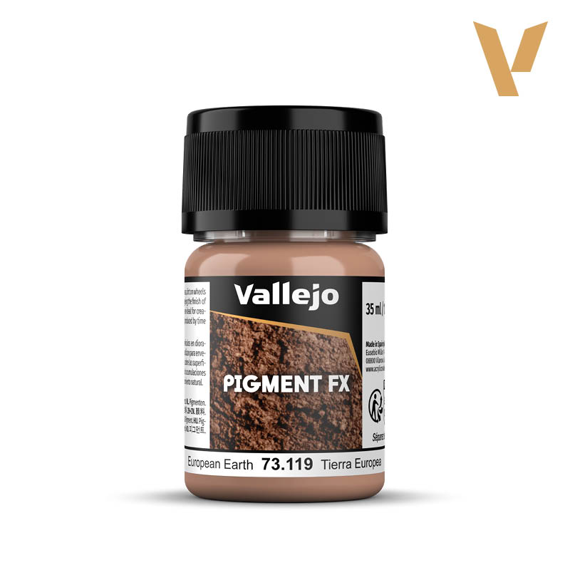 Vallejo Pigment FX: European Earth (35ml) - Small clear plastic jar with black screw lid containing brown Vallejo Pigment FX labeled European Earth pigment powder.