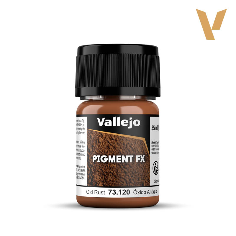 Vallejo Pigment FX: Old Rust (35ml) - Small clear plastic jar with black screw cap labeled Vallejo Pigment FX in rust orange color.