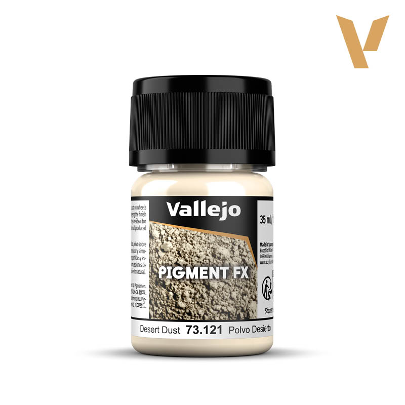 Vallejo Pigment FX: Desert Dust (35ml) - Small clear plastic bottle with black screw cap, labeled Vallejo Pigment FX Desert Dust paint, showing sandy beige pigment.