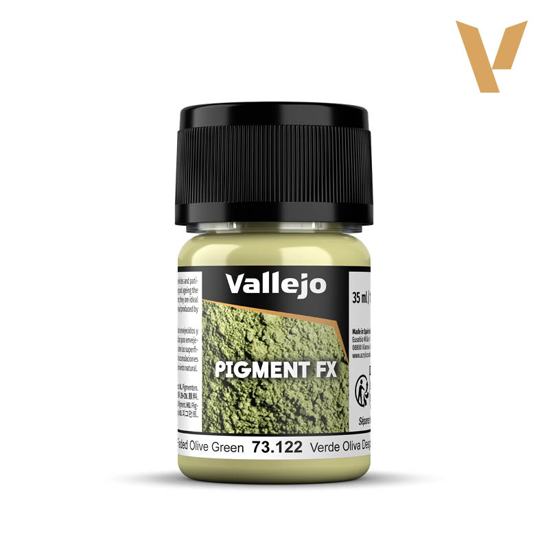 Vallejo Pigment FX: Faded Olive Green (35ml) - Small clear plastic bottle with black screw cap, filled with faded olive green pigment paint labeled Vallejo Pigment FX.