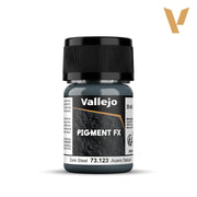 Vallejo Pigment FX: Dark Steel (35ml) - Small clear plastic bottle with black cap, labeled Vallejo Pigment FX Dark Steel paint, showing dark metallic gray pigment.