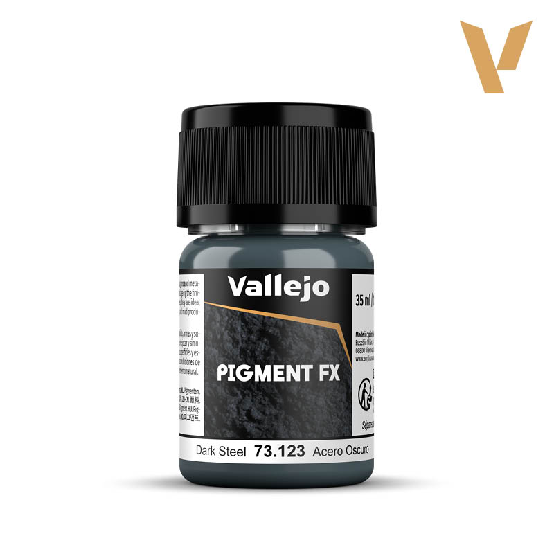 Vallejo Pigment FX: Dark Steel (35ml) - Small clear plastic bottle with black cap, labeled Vallejo Pigment FX Dark Steel paint, showing dark metallic gray pigment.