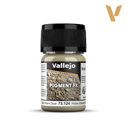 Vallejo Pigment FX: Mid Orient Dust (35ml) - Small clear plastic jar with black lid containing beige pigment labeled Vallejo Pigment FX Mid Orient Dust 73.124.
