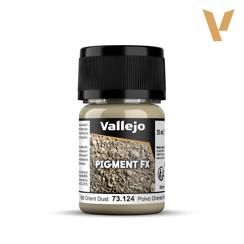Vallejo Pigment FX: Mid Orient Dust (35ml) - Small clear plastic jar with black lid containing beige pigment labeled Vallejo Pigment FX Mid Orient Dust 73.124.